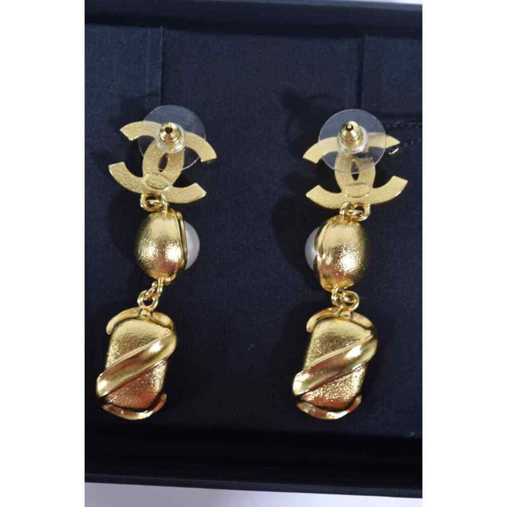 Chanel 22A Gold Pearl White Crystal XL Logo Large Dangle Drop Statement Earrings - Picture 8 of 12
